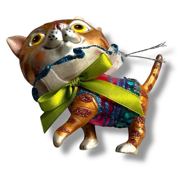 RAZ Imports Orange Tabby Cat Blown Glass Christmas Ornament Anthropomorphic 4” - Picture 3 of 16